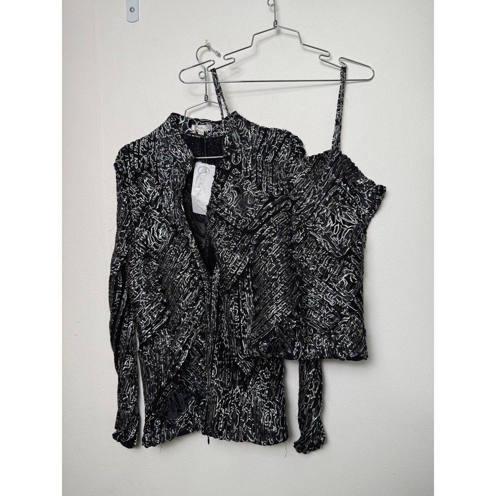 Obstinee Black Silver Metallic Abstract Print‎ Ruched Mesh Jacket Top Set